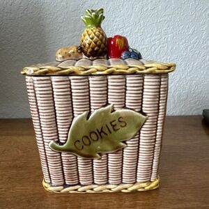 Vintage Tilso Fruit Picnic Basket Cookie Jar Wicker Basketweave Design